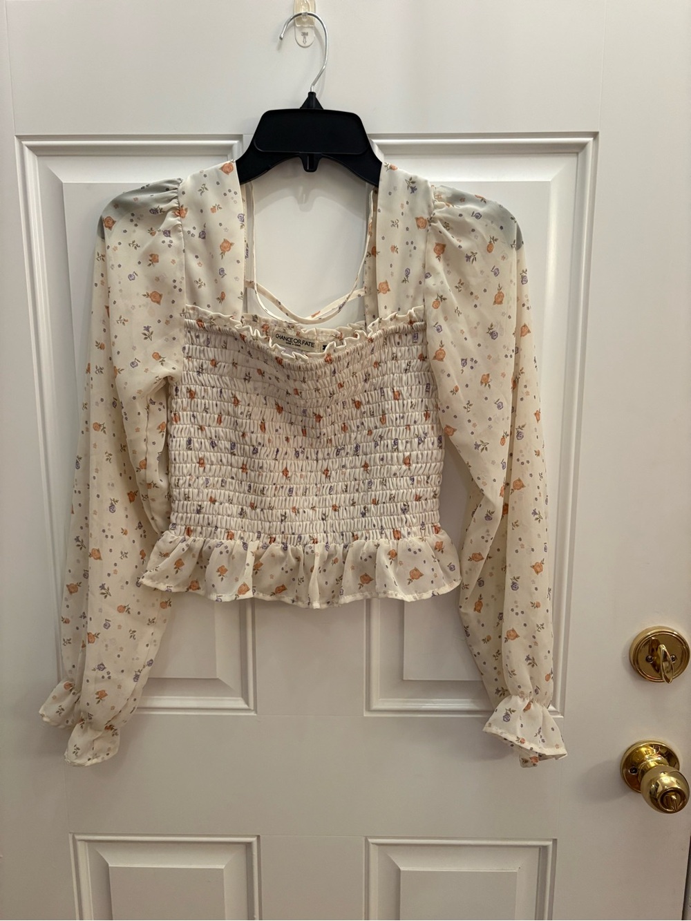Chance or Fate Cream Smocked Floral Long-Sleeve Crop Top